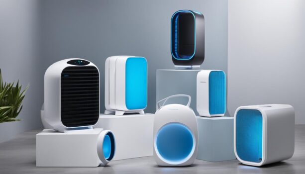 Various brands of air purifiers with blue filters