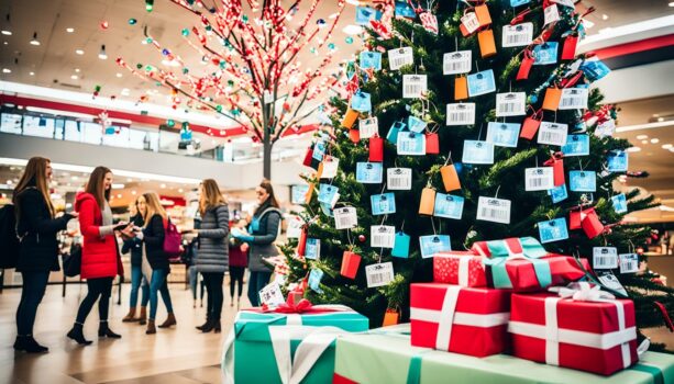 Christmas tree in mall with decorations and presents.
