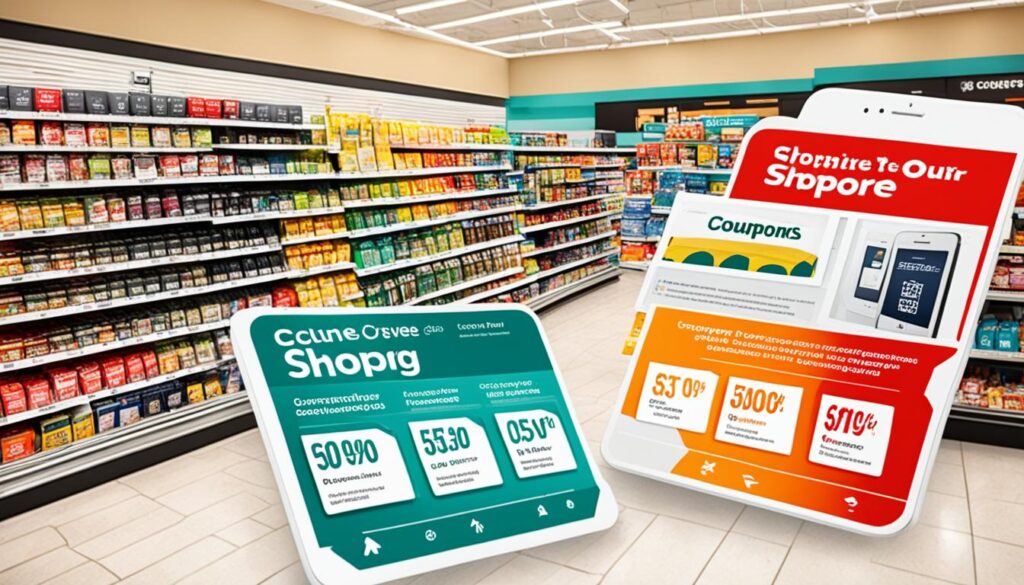 Grocery store shelves with digital shopping ads
