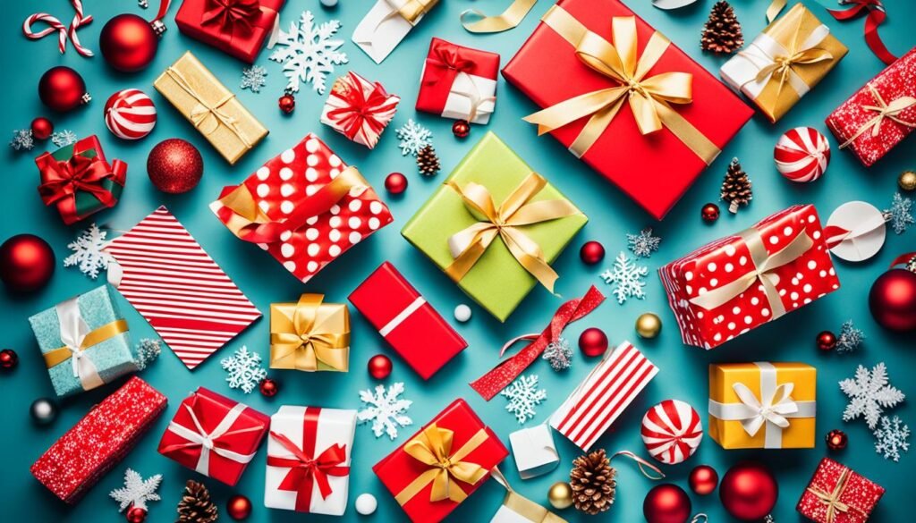 Colorful wrapped Christmas presents and decorations.