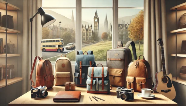 Assorted backpacks inside room, window view of Big Ben.