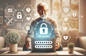 Elderly man practicing password security on laptop