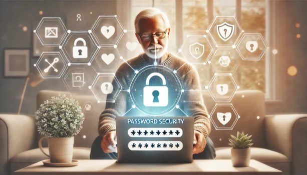 Elderly man practicing password security on laptop