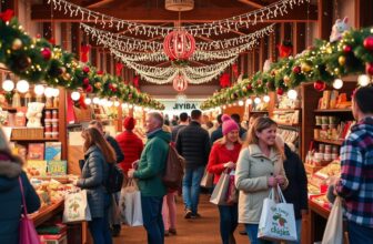 Festive Christmas market with shoppers and decorations.
