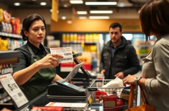 Cashier assisting customers at supermarket checkout.