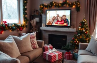 Cozy holiday living room with gifts and decorations.