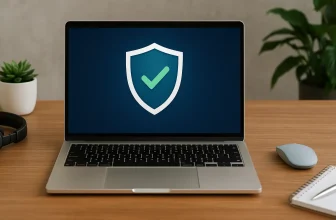 Laptop displaying security shield icon with checkmark.