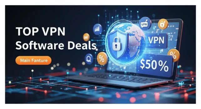 Promotional graphic for discounted VPN software deals.