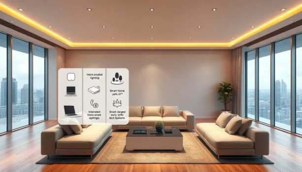 Modern living room with smart home features.