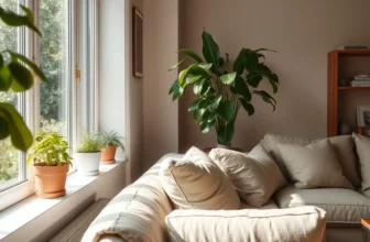 Cozy living room with plants and natural light.