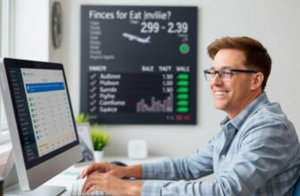 Person smiling at computer with airport display board.