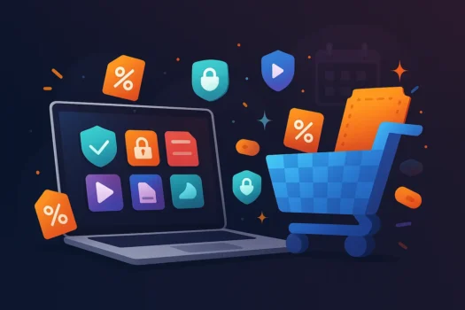 Laptop with cart and discount icons