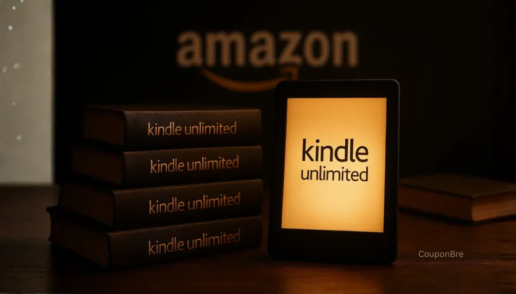Kindle Unlimited eReader with stack of books