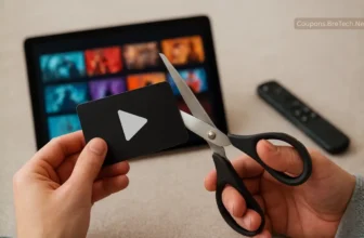 Cutting cable card with scissors on streaming backdrop.
