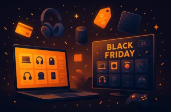 Black Friday electronics sale with laptop and items