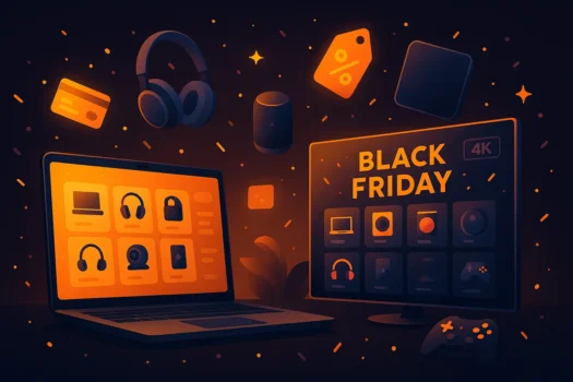 Black Friday electronics sale with laptop and items