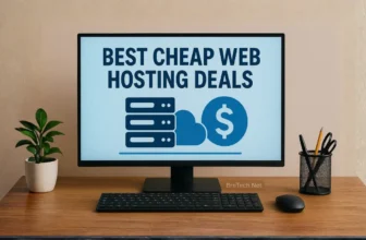 Monitor displaying web hosting deals and pricing.
