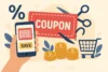 Mobile coupon and shopping elements with savings theme.