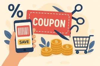 Mobile coupon and shopping elements with savings theme.