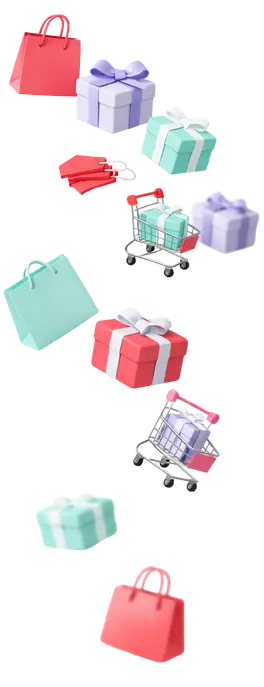 Pastel shopping bags, gift boxes, and mini carts